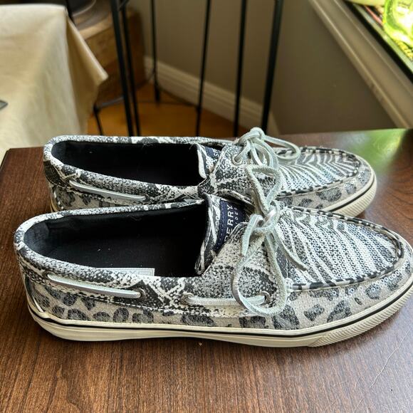 Sperry Shoes Women SZ 8 Sequin Top Sider Zebra Animal Black White Leather Lace - Picture 2 of 10